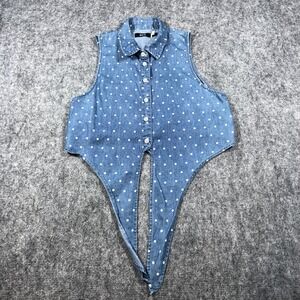 BDG Polka Dot Denim Sleeveless Cropped Womens Small Blue‎ Snap Button Vest Top